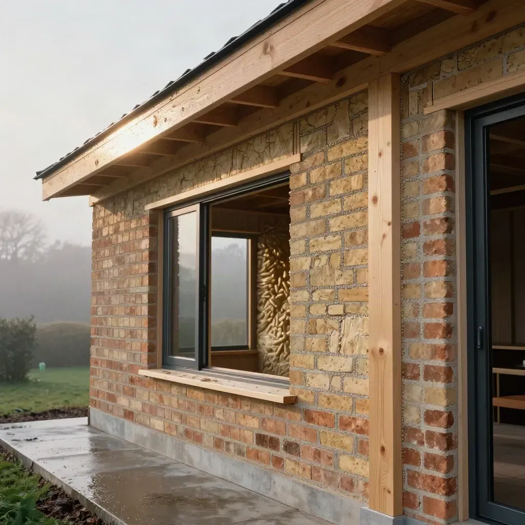 Rear house extension shell with timber roof structure, fresh brickwork, and a black-framed garden opening.