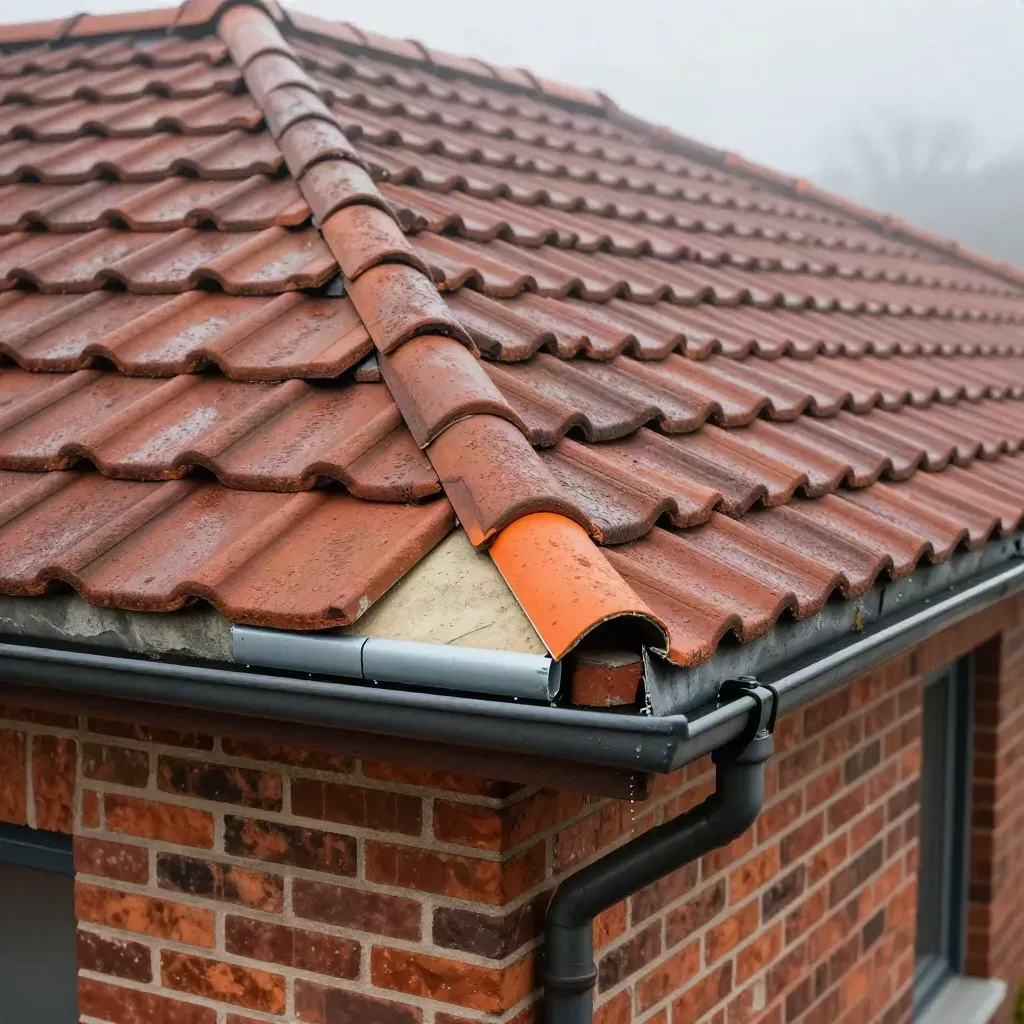 Repaired pitched roof corner with fresh tiles, flashing and gutter after storm damage.