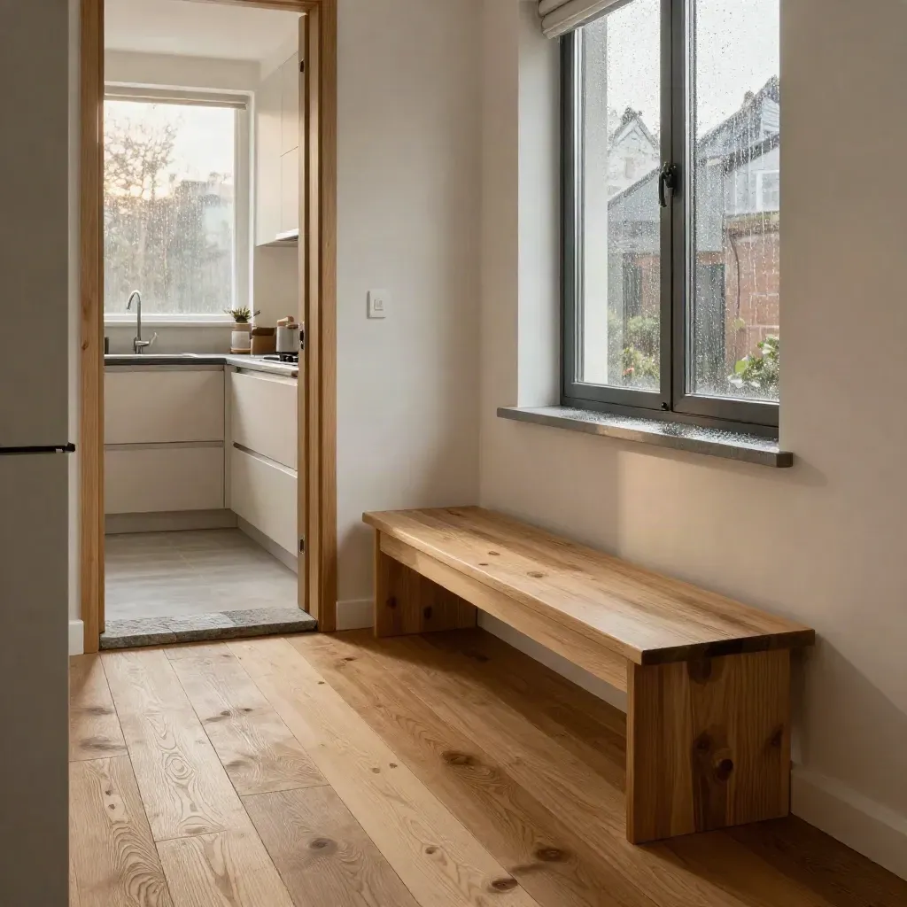 Empty Rotterdam kitchen and hall with new oak floor, rebuilt threshold and window bench.
