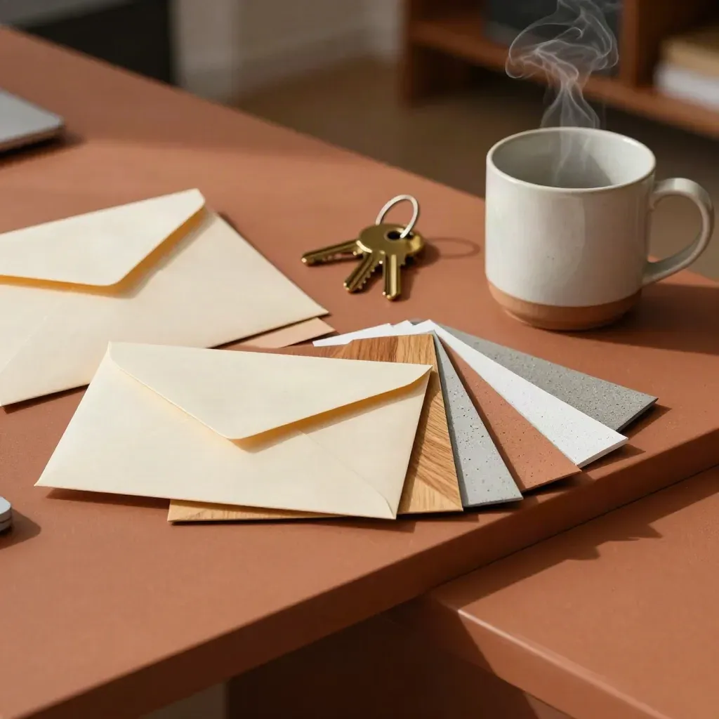 Top-down still life of sample envelopes, brass keys, mug and finish chips on a warm shelf.