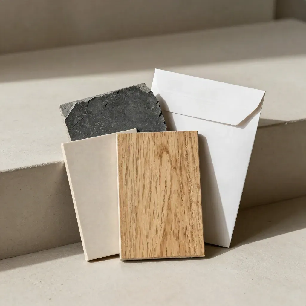 Oak floor sample, tile chip, slate fragment and closed sample envelope on a creamy plaster ledge.
