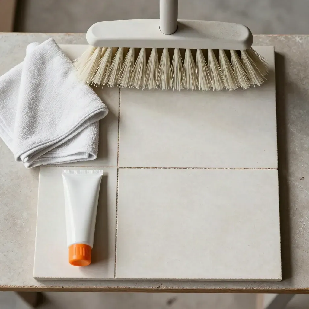 Overhead flatlay of broom, microfiber cloth, silicone tube and tile offcut on a pale workbench.